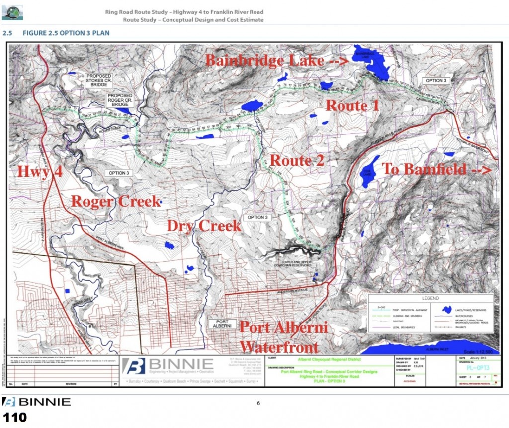 Shows proposed routes from Highway 4 to two points on Franklin River Road.